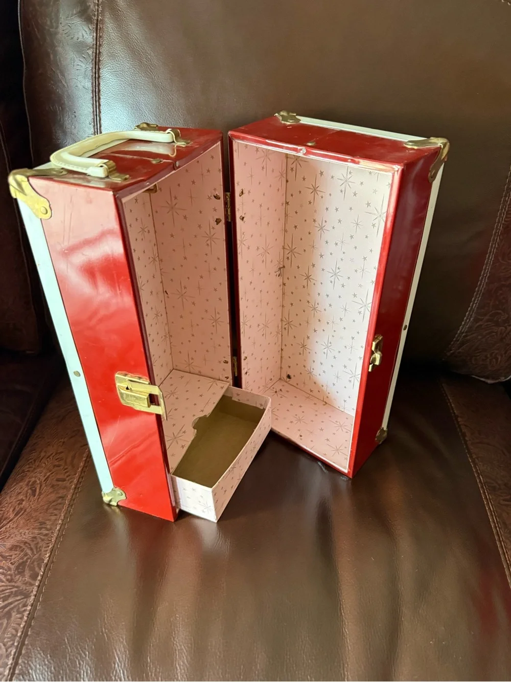 Vintage  metal doll cabinet 12 1/2” W open 12 1/2 T 6 1/2 D